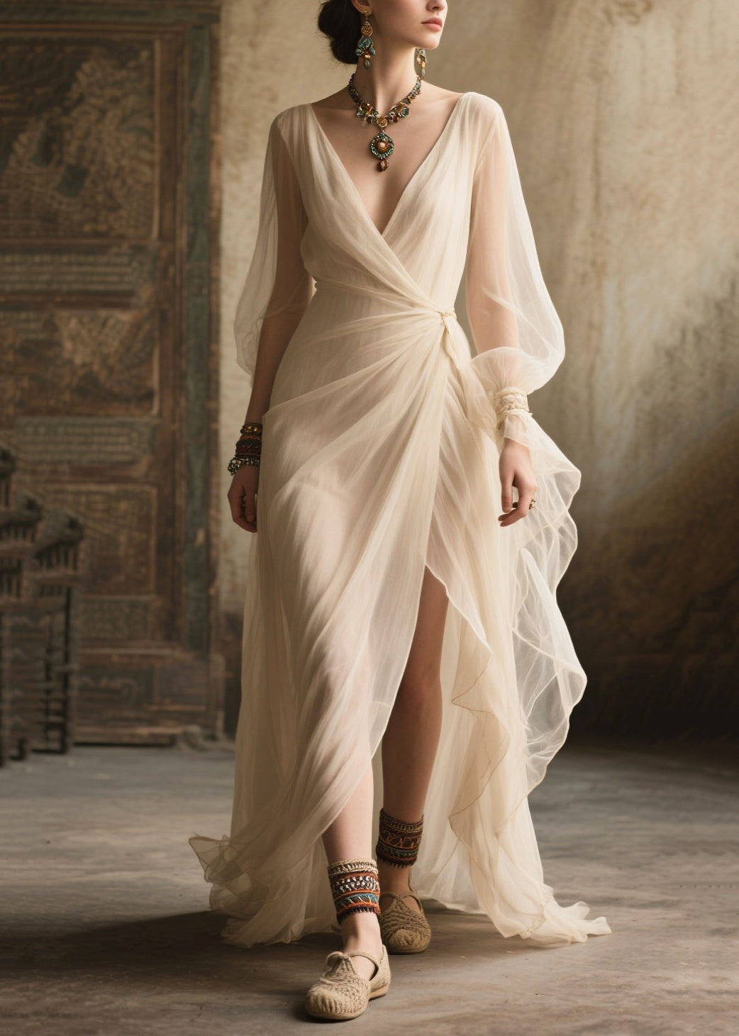 Chiffon Wrap V-Neck Bishop Puff Sleeve Draped Waist Maxi Gown