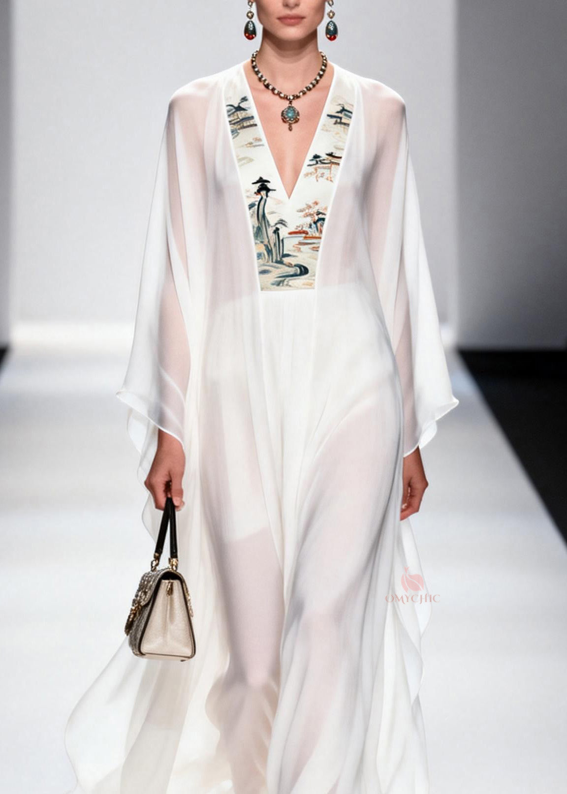 Oriental Landscape Panel Deep V-Neck Angel Sleeve Maxi Dress - View 2