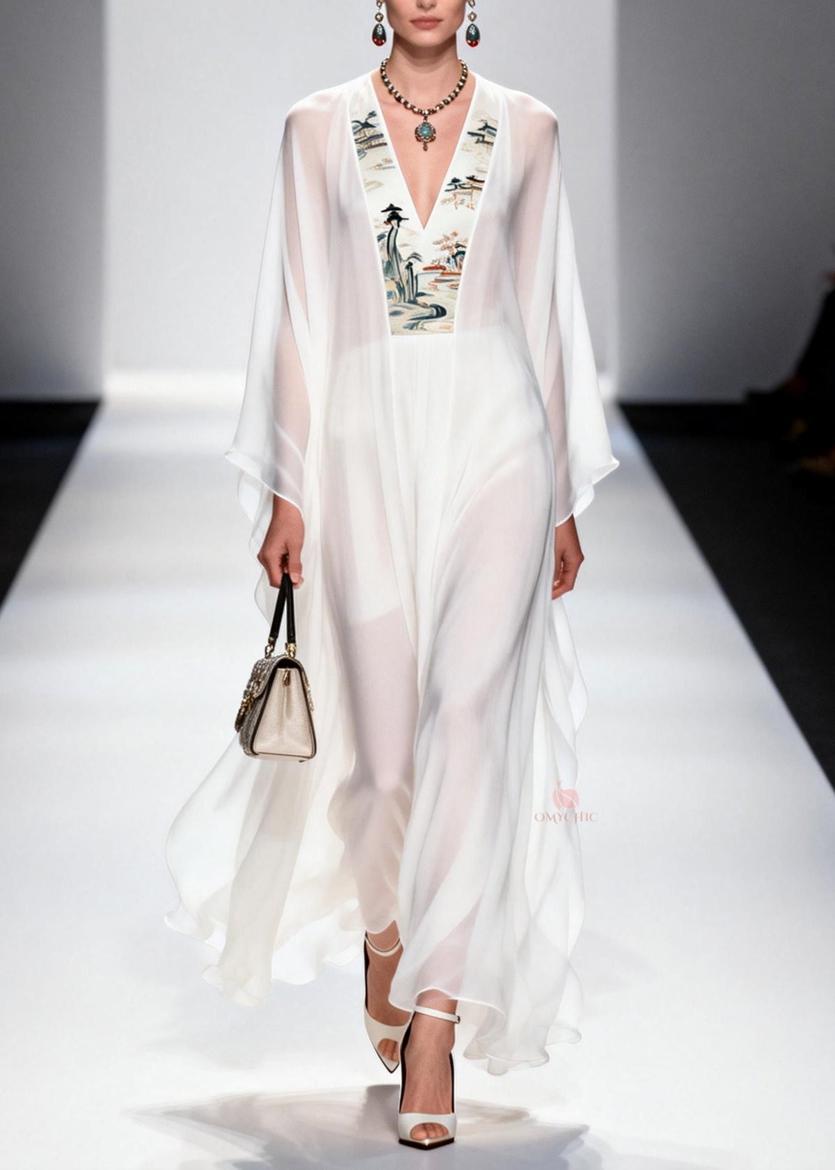 Oriental Landscape Panel Deep V-Neck Angel Sleeve Maxi Dress - View 5