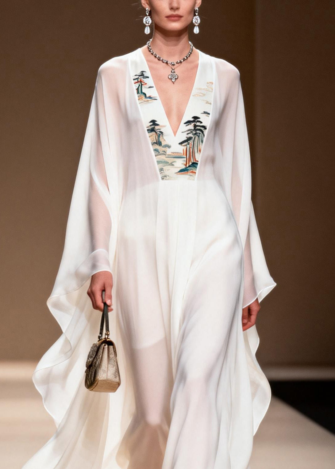 Landscape Embroidery Border Deep V-Neck Cape Sleeve Kaftan Maxi Gown - View 2