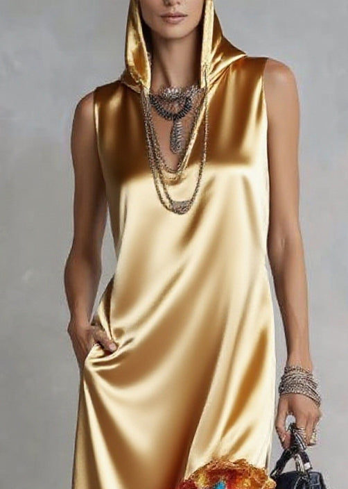 Satin Hooded Sleeveless High Low Floral Ruffle Hem Maxi Dress - View 2