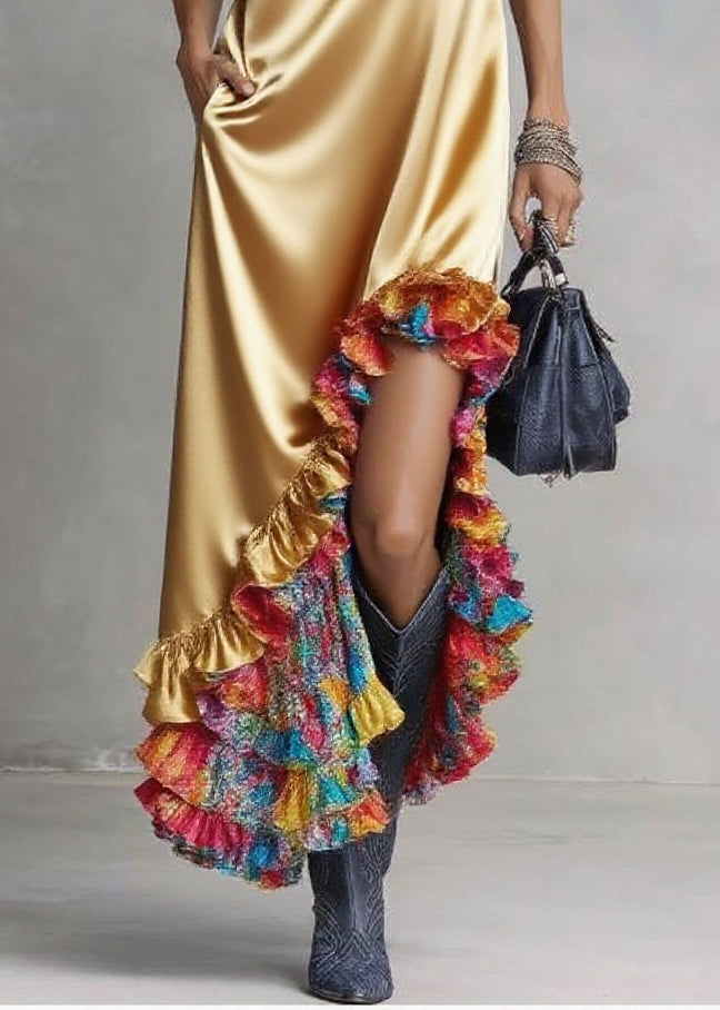 Satin Hooded Sleeveless High Low Floral Ruffle Hem Maxi Dress - View 4