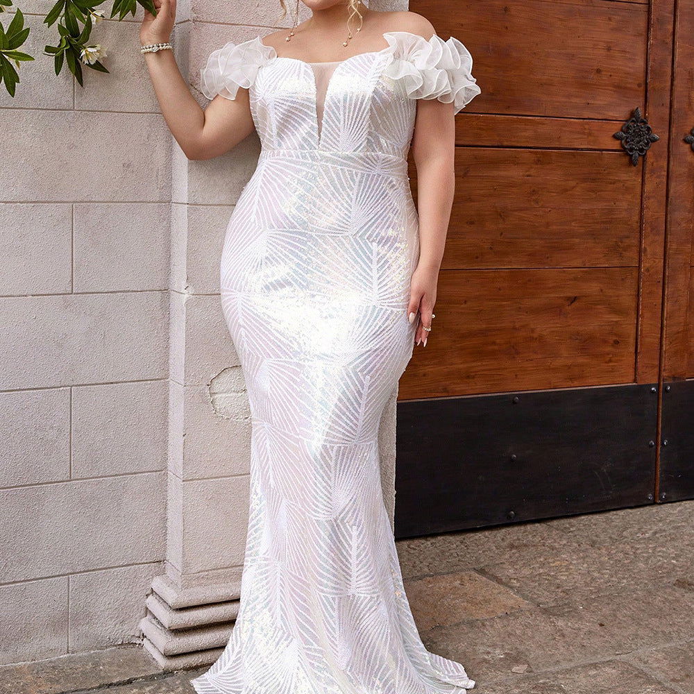 Sequin Off Shoulder Puff Sleeve Mermaid Maxi Gown - View 3