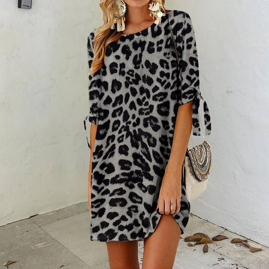 Leopard Print Tie Cuff Three Quarter Sleeve Shift Mini Dress - View 5