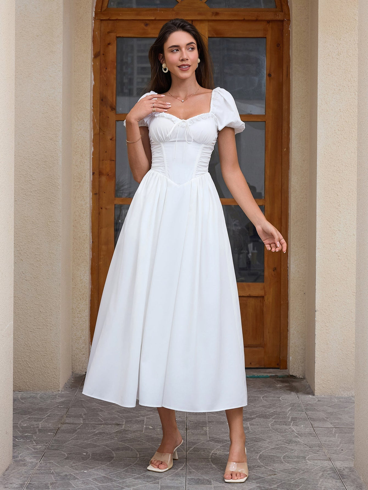 Puff Sleeve Lace Trim Ruched With Pockets Midi Dress