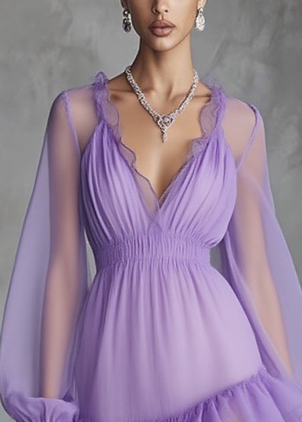 V-Neck Ruched Smocked Waist Ruffle Bishop Sleeve Chiffon Mini Dress - View 2
