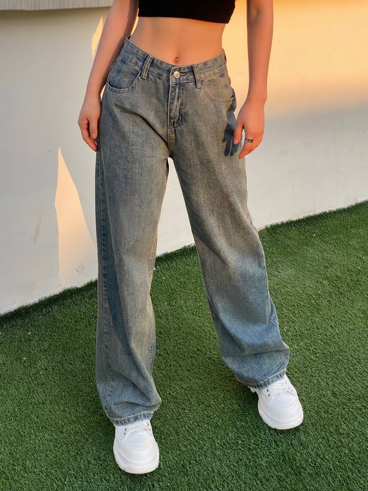 High-Waist Vintage Washed Denim Jeans