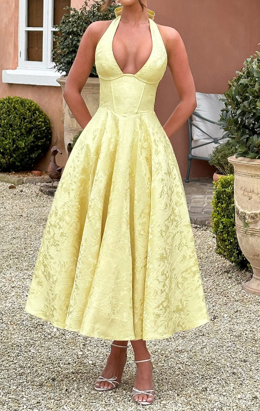 Floral Jacquard Halter Neck Corset Bodice A-Line Midi Dress - View 2