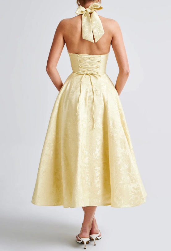 Floral Jacquard Halter Neck Corset Bodice A-Line Midi Dress - View 4