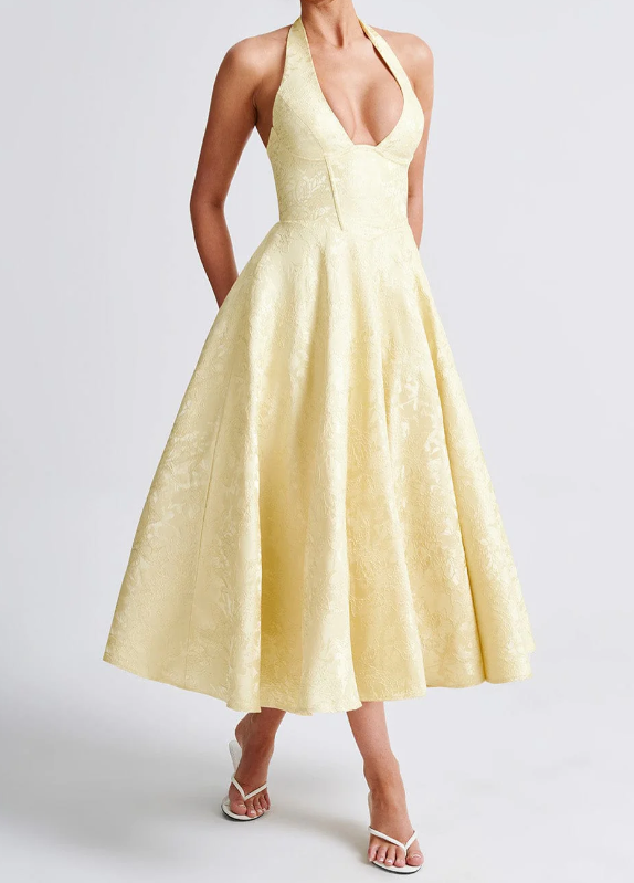 Floral Jacquard Halter Neck Corset Bodice A-Line Midi Dress - View 3
