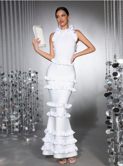 Halter Neck Tiered Ruffle Mermaid Bandage Maxi Gown - View 2
