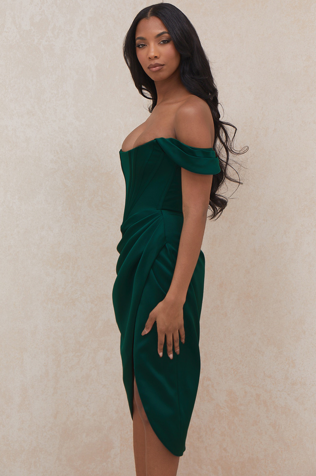 Satin Off Shoulder Dress in Green - View 6