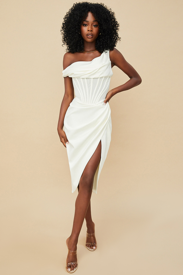 Satin One Shoulder Corset High Split Draped Midi Dress - View 14
