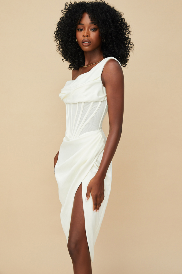 Satin One Shoulder Corset High Split Draped Midi Dress - View 12