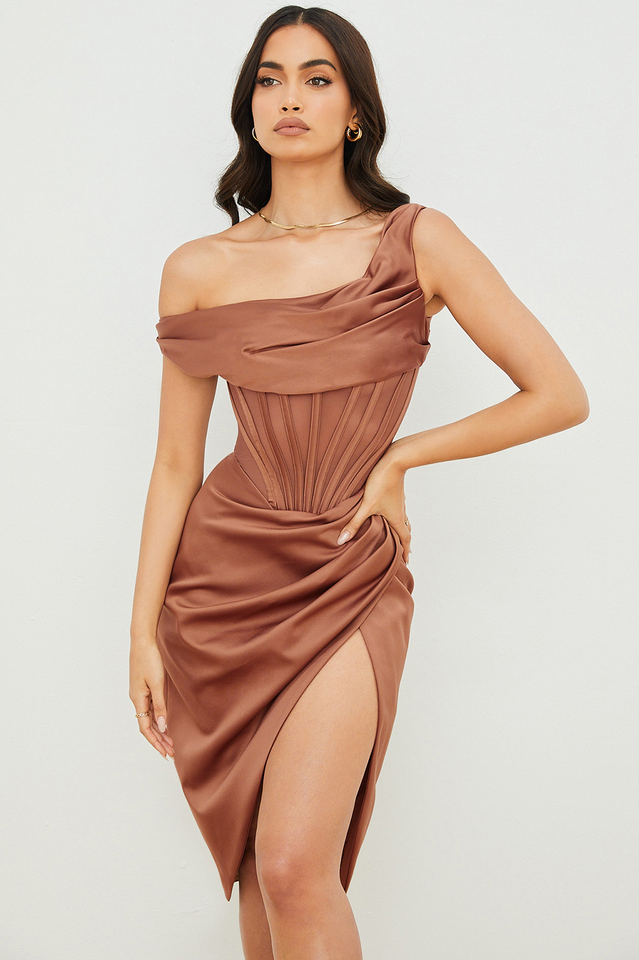 Satin One Shoulder Corset High Split Draped Midi Dress in Ivory - View 19