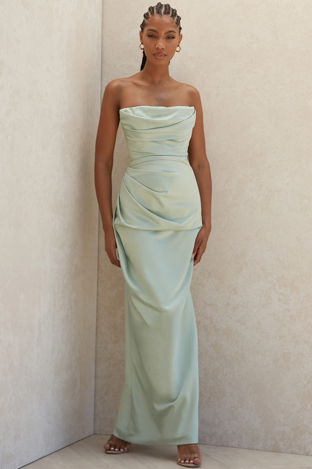 Satin Strapless Corset Maxi Dress in Pink - View 17