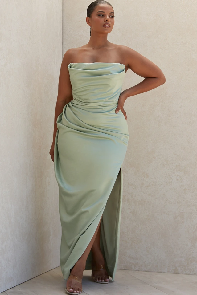 Satin Strapless Corset Maxi Dress in Pink - View 19