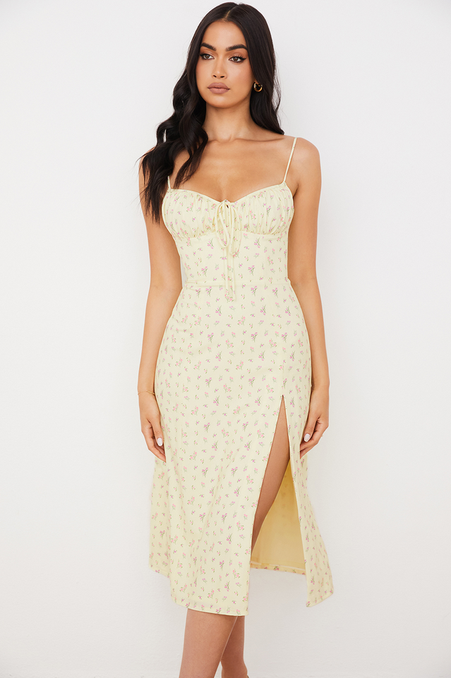 Floral Spaghetti Strap Sweetheart Tie Front High Split Midi Dress - View 5