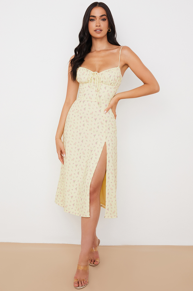 Floral Spaghetti Strap Sweetheart Tie Front High Split Midi Dress