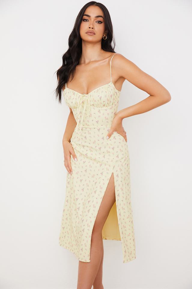 Floral Spaghetti Strap Sweetheart Tie Front High Split Midi Dress - View 4