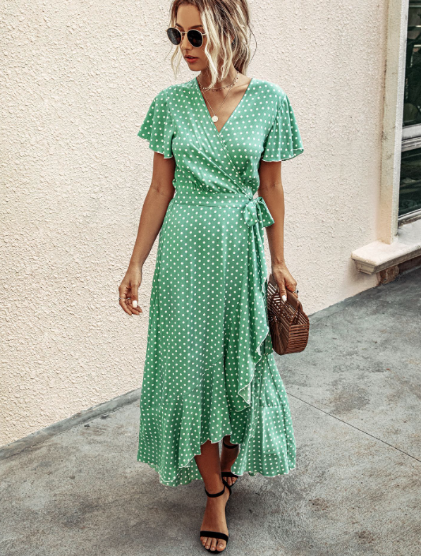 V-Neck Coastal Vacation Dot Polka Short-Sleeved Warm-Season Ruffle For Gown Women M / Yellow Dresses