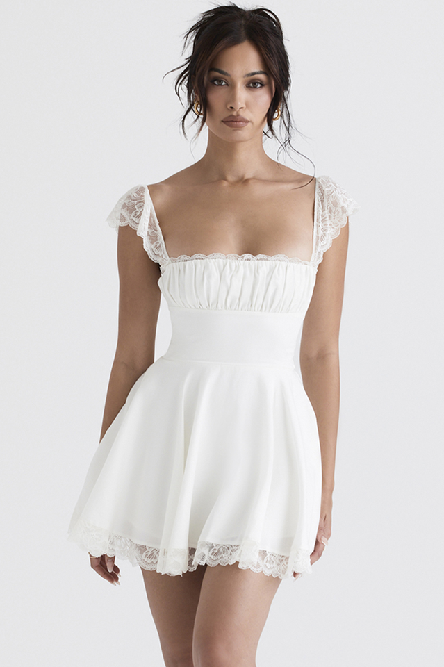 Lace A Line Mini Dress in White - View 2