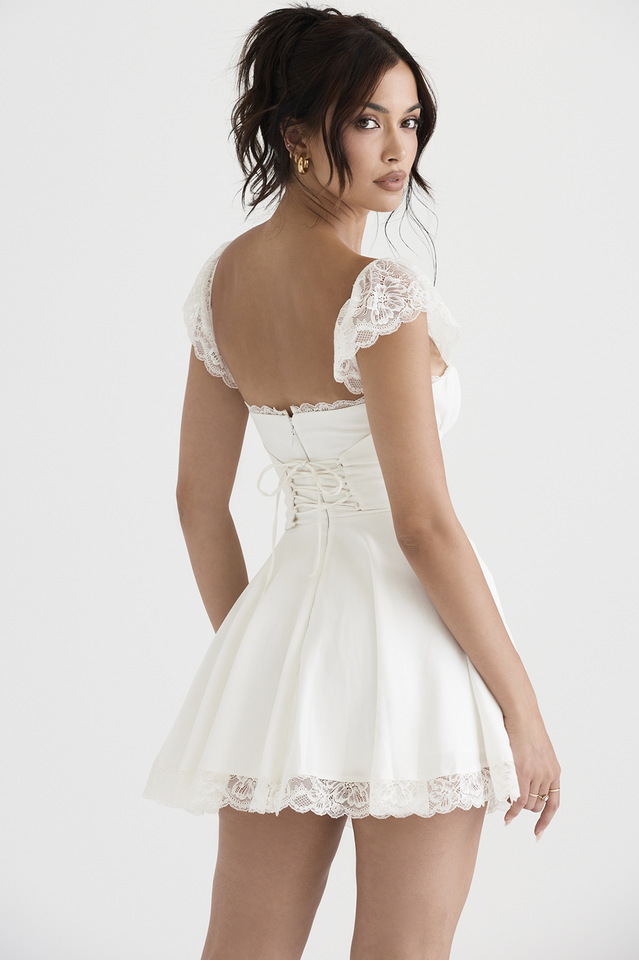 Lace A Line Mini Dress in White - View 5