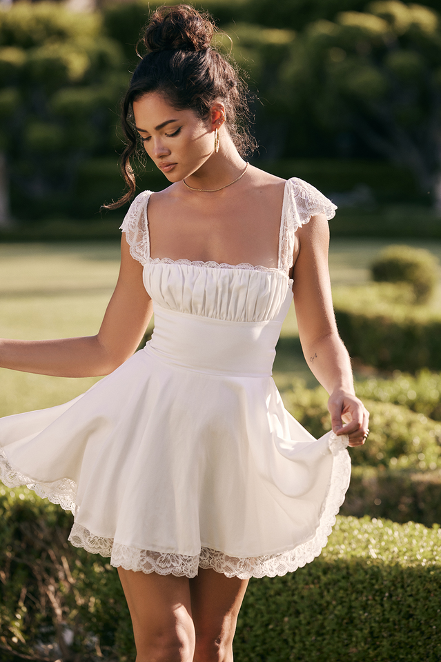 Lace A Line Mini Dress in White - View 9