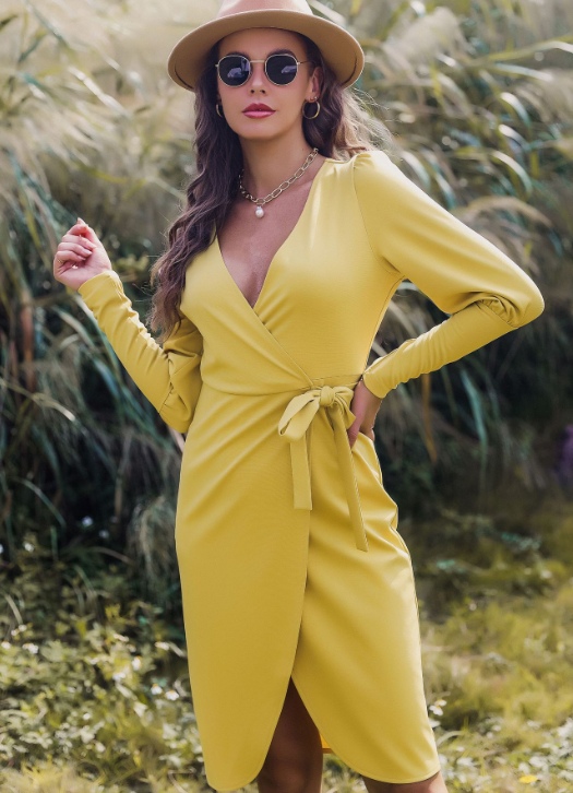 V-Neck Long Sleeve Tie Waist Wrap Midi Dress 3