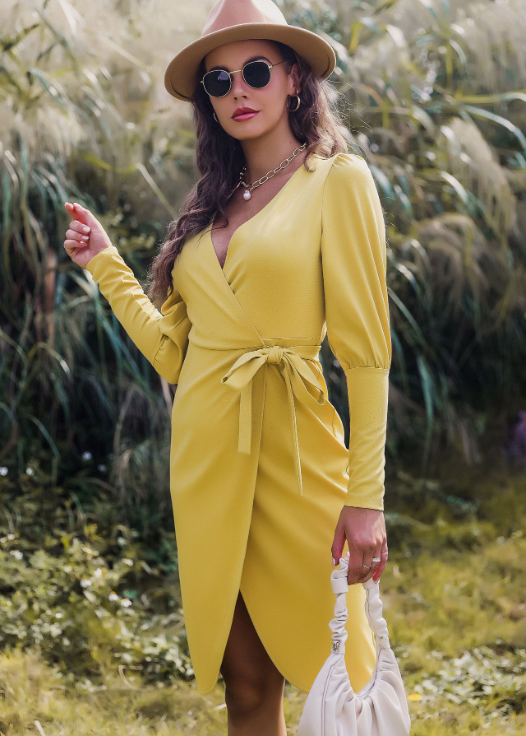 V-Neck Long Sleeve Tie Waist Wrap Midi Dress 4