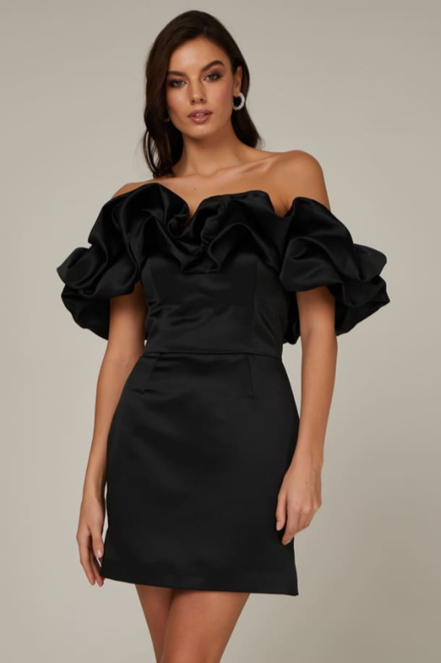 Off Shoulder Ruffle Peplum Corset Structured Satin Mini Dress - View 6