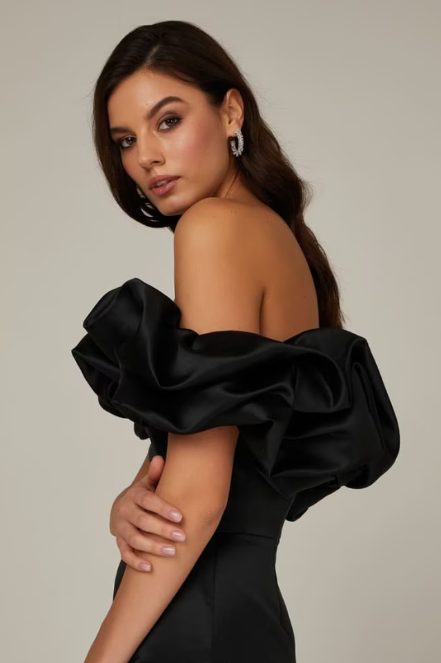 Off Shoulder Ruffle Peplum Corset Structured Satin Mini Dress - View 9