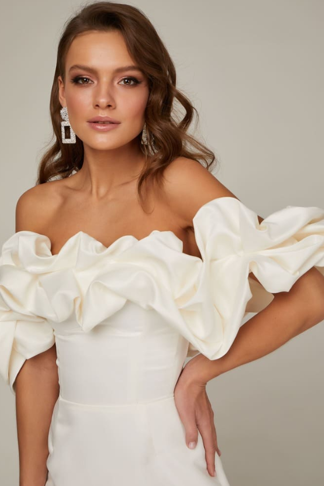 Off Shoulder Ruffle Peplum Corset Structured Satin Mini Dress - View 4