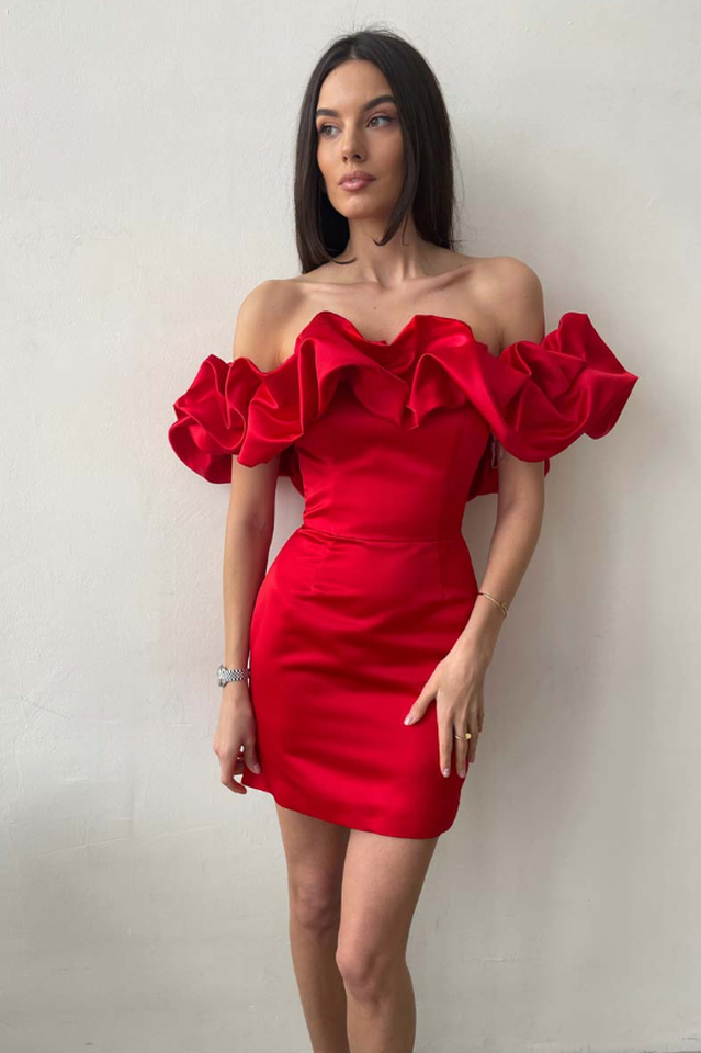 Off Shoulder Ruffle Peplum Corset Structured Satin Mini Dress - View 11