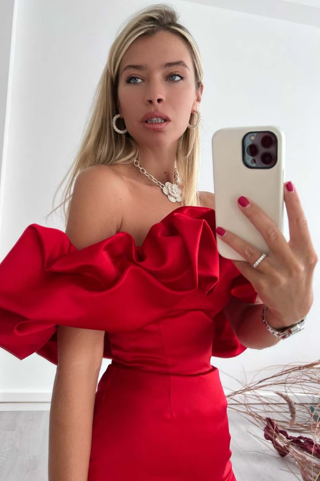 Off Shoulder Ruffle Peplum Corset Structured Satin Mini Dress - View 12