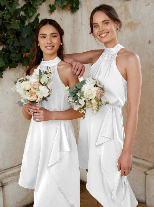 Halter Neck Sleeveless Ruffle Asymmetric Hem Satin Dress 4