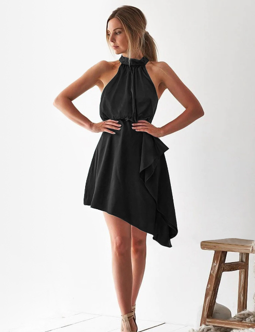 Halter Neck Sleeveless Ruffle Asymmetric Hem Satin Dress 10