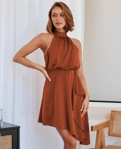 Halter Neck Sleeveless Ruffle Asymmetric Hem Satin Dress 8