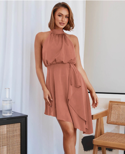 Halter Neck Sleeveless Ruffle Asymmetric Hem Satin Dress 7