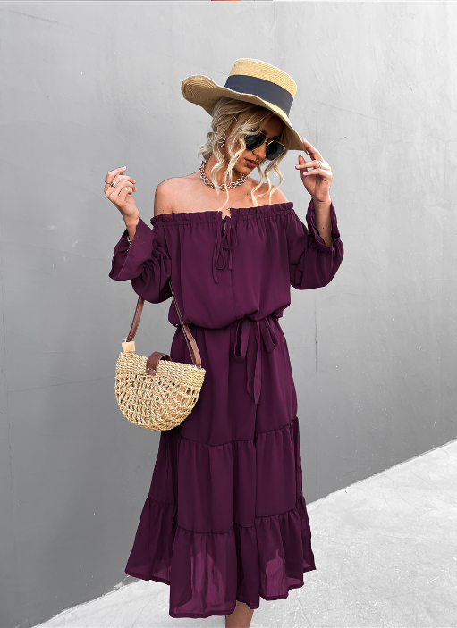Off Shoulder Long Sleeve Tiered Ruffle Hem Midi Dress