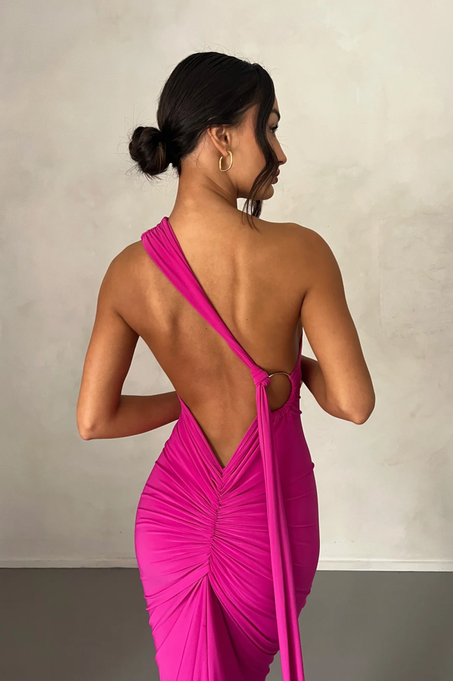 One Shoulder Ruched Open Back Trailing Sash Floor Length Gown - View 7