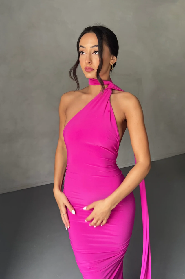 One Shoulder Ruched Open Back Trailing Sash Floor Length Gown - View 6