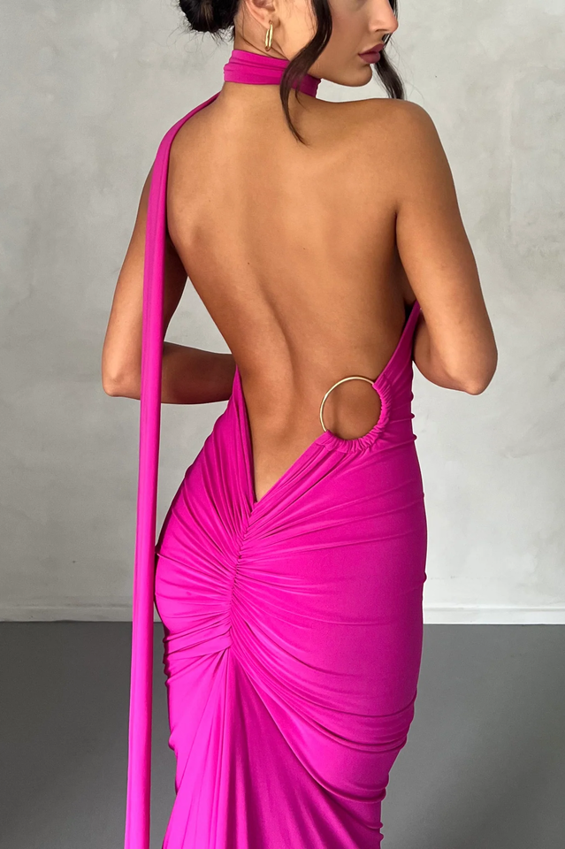 One Shoulder Ruched Open Back Trailing Sash Floor Length Gown - View 8