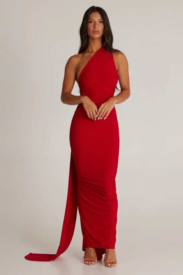One Shoulder Ruched Open Back Trailing Sash Floor Length Gown - View 9