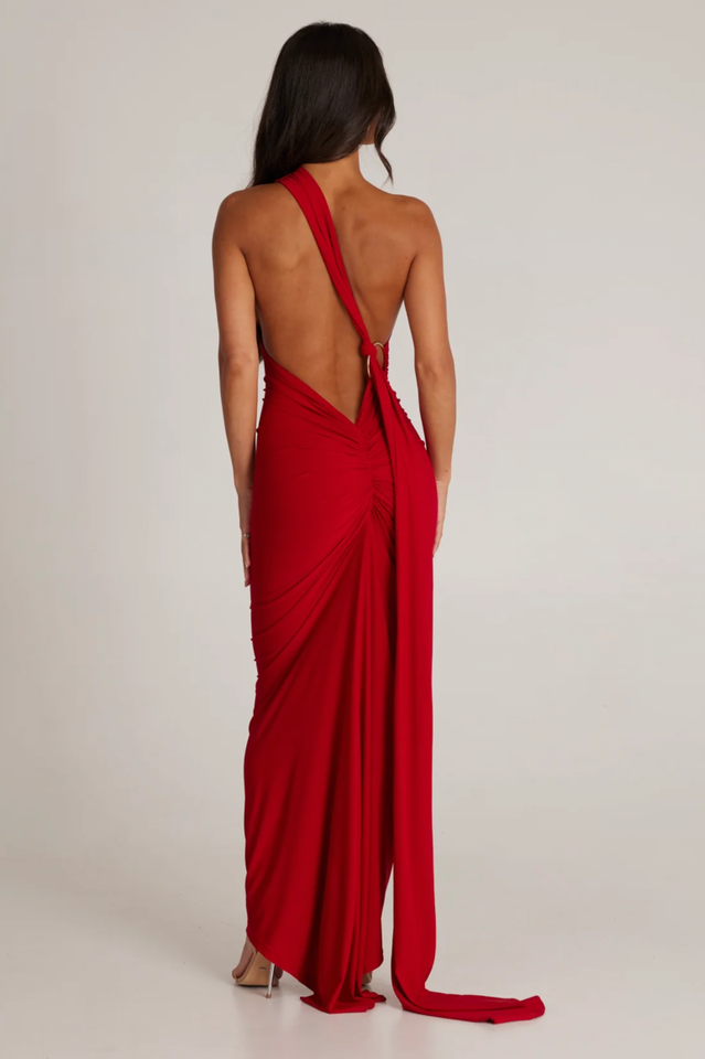 One Shoulder Ruched Open Back Trailing Sash Floor Length Gown - View 12