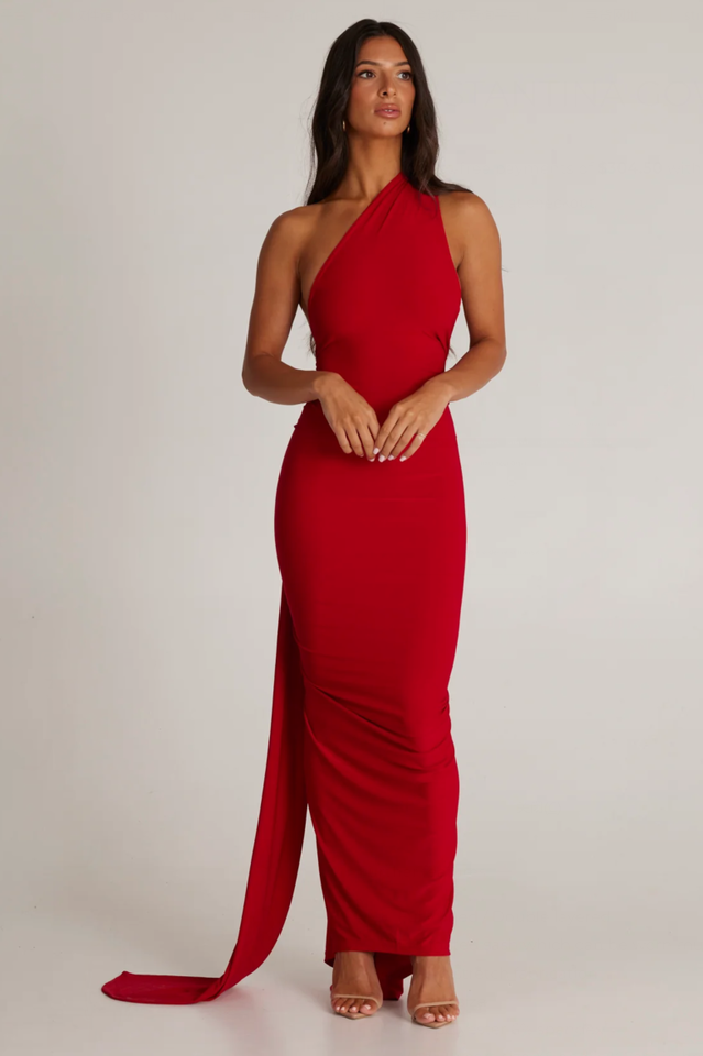 One Shoulder Ruched Open Back Trailing Sash Floor Length Gown - View 10