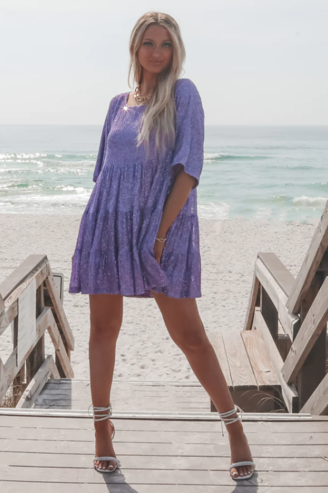 Sequin Tiered Ruffle Short Sleeve Crew Neck Babydoll Mini Party Dress 29
