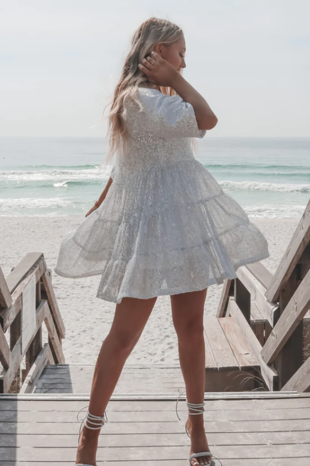 Sequin Tiered Ruffle Short Sleeve Crew Neck Babydoll Mini Party Dress - View 17