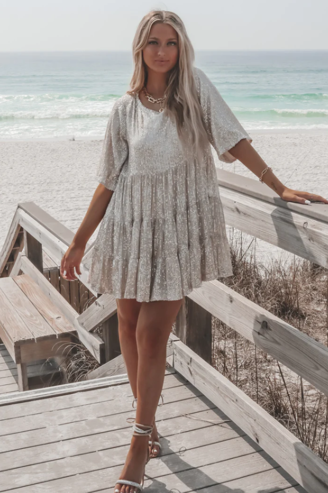 Sequin Tiered Ruffle Short Sleeve Crew Neck Babydoll Mini Party Dress - View 15