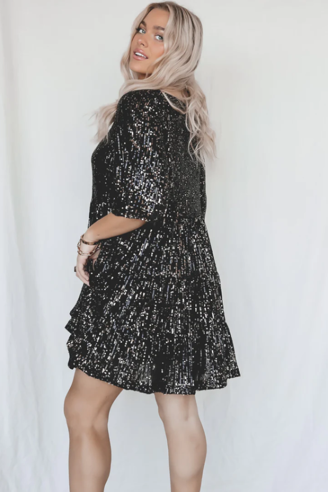 Sequin Tiered Ruffle Short Sleeve Crew Neck Babydoll Mini Party Dress - View 24
